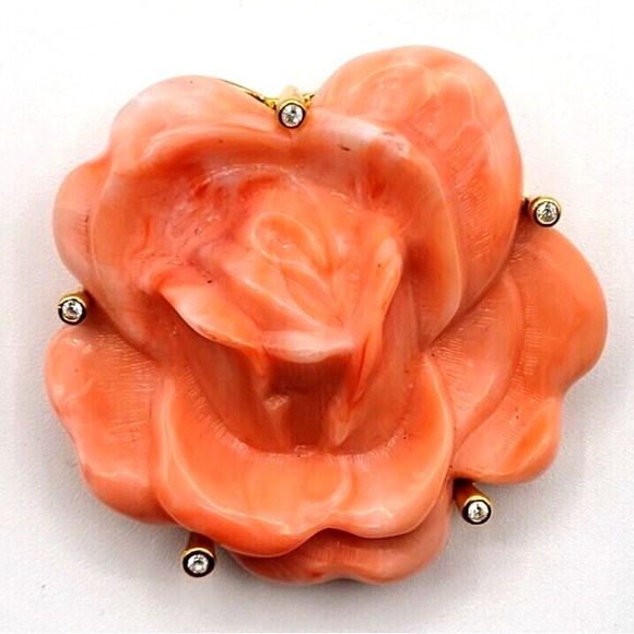 JOAN RIVERS FAUX CORAL‎ RHINESTONE ROSE BROOCH PIN PENDANT SIGNED VINTAGE RESIN - Picture 1 of 3